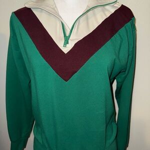 J. Crew Green and Burgundy V-Neck Sweater
